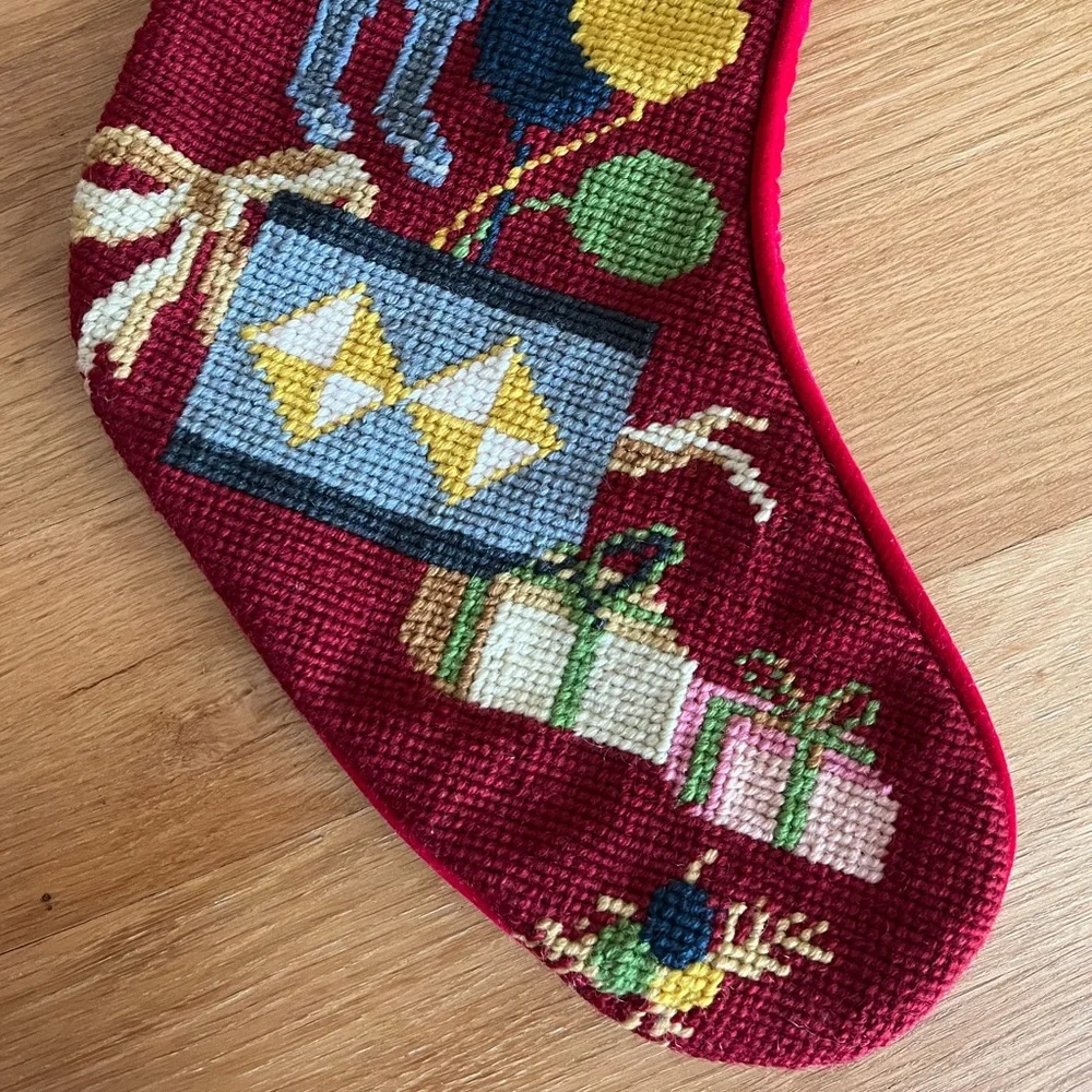 VTG Wool Needlepoint Nutcracker Christmas Stocking Red Velvet Back 20